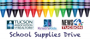 Colorful crayons and logos for partners of TAR's School Supplies Drive