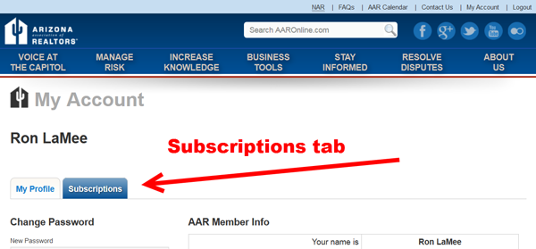 Subscriptions tab