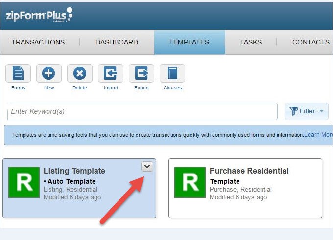 zipForm® - screen grab of Templates tab