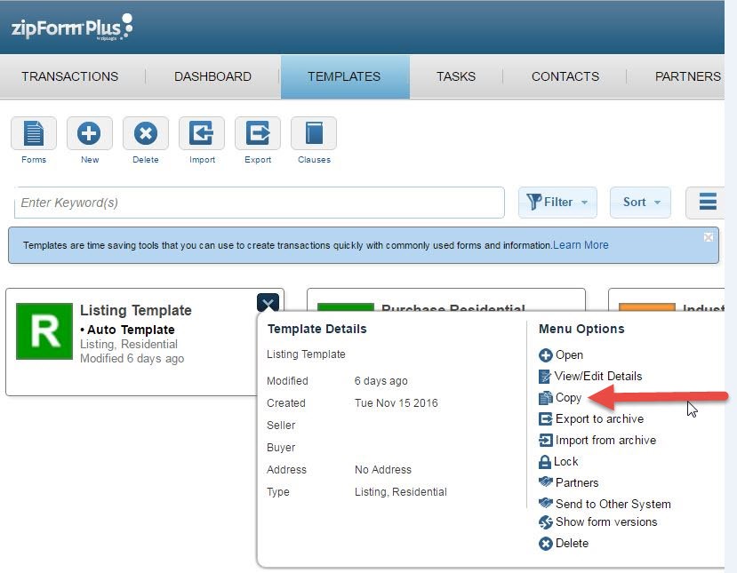 zipForm® - screen grab of Template Details/Menu Options