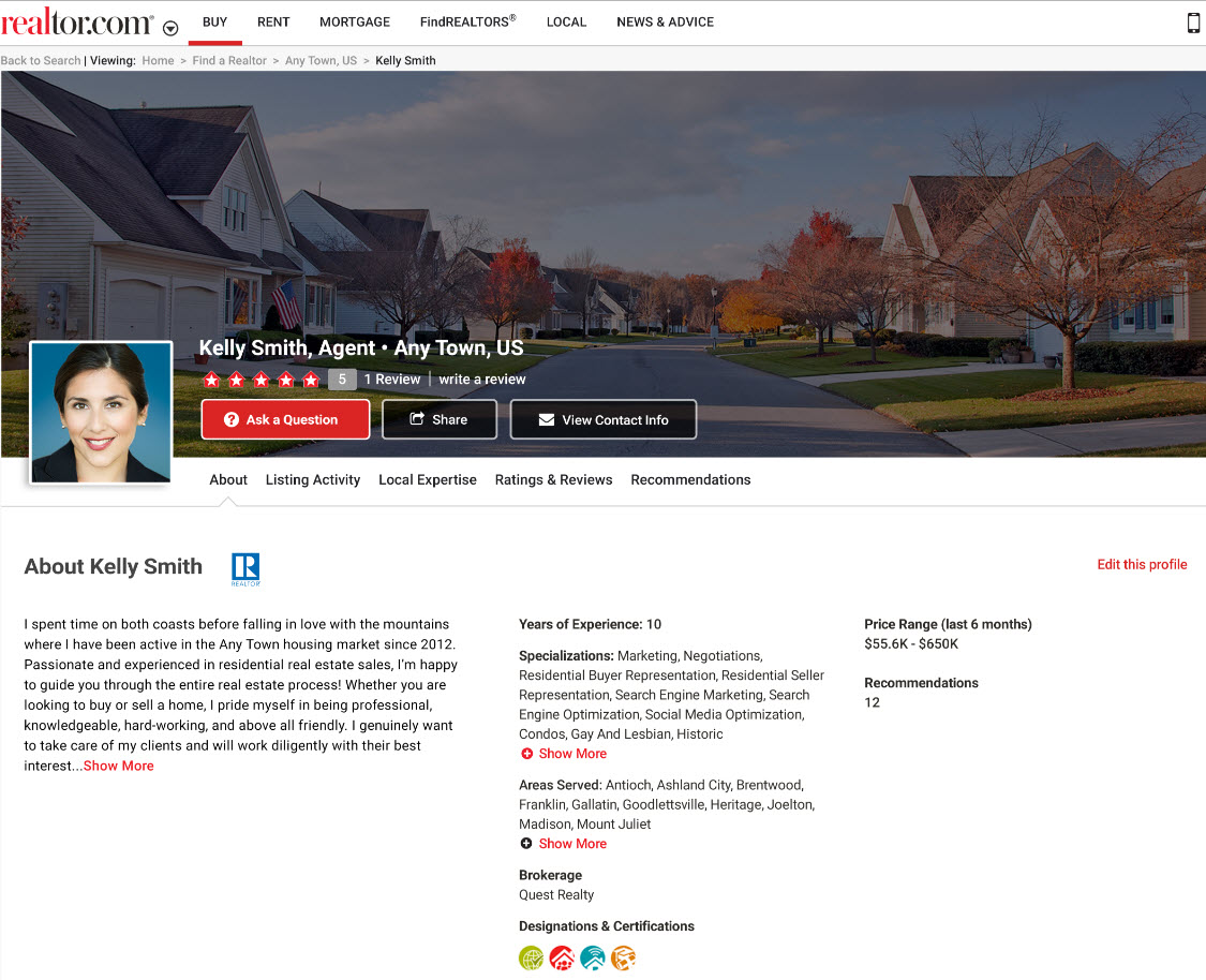 Demo profile page on realtor.com